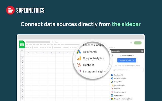 Product screenshot from google marketplace showing how to use supermetrics in google sheets